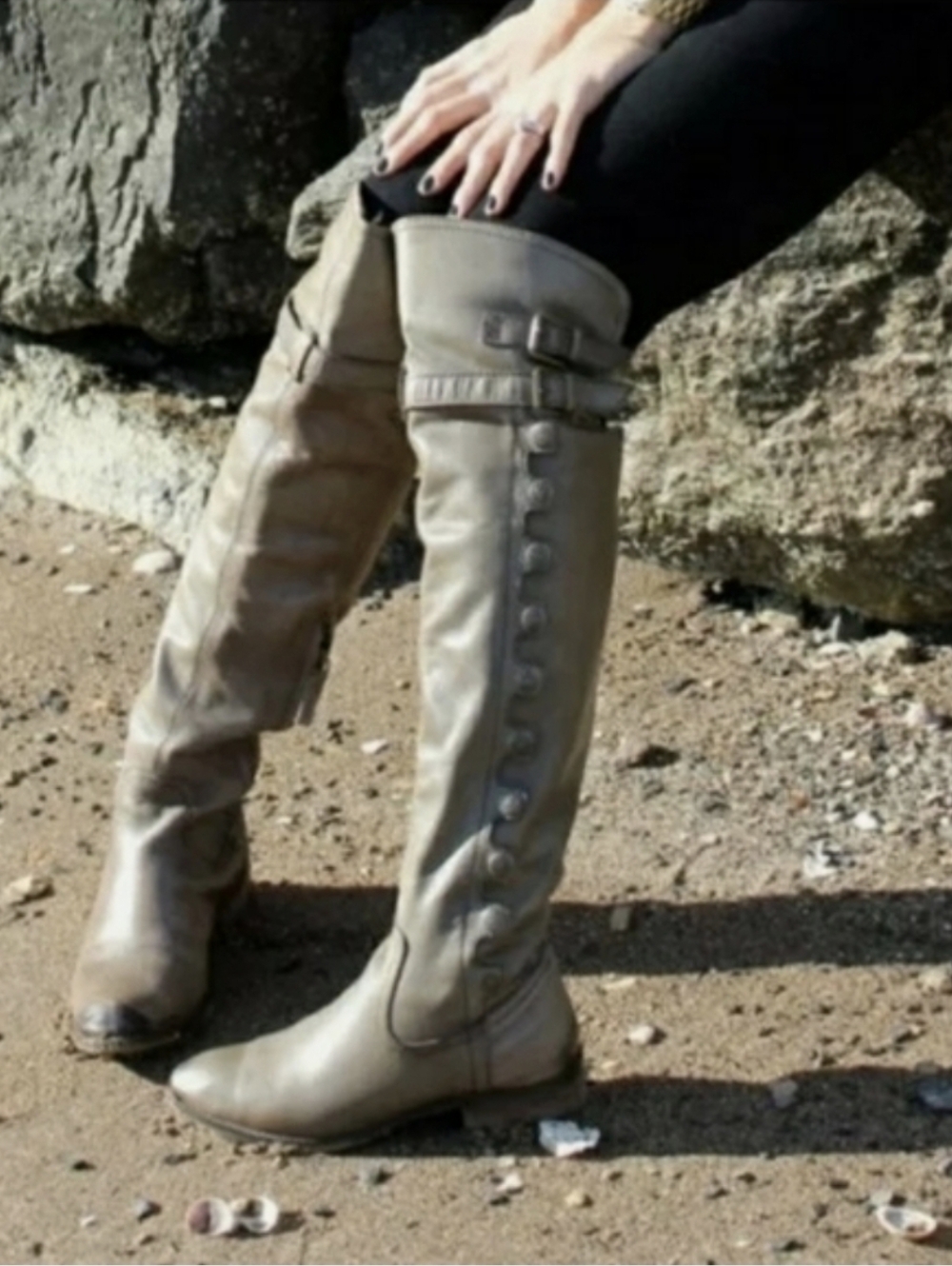 Sam Edelman Pierce 2 Button-Trim Tall Leather Riding Boots in Grey Size 8